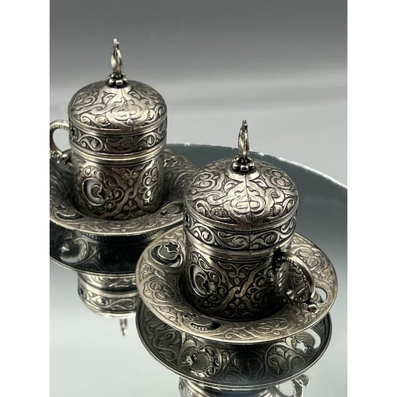 2 Coffee Cup Saucer Sets Silver Color Porcelain Insert Mug Ottoman Turkish - Picture 10 of 12